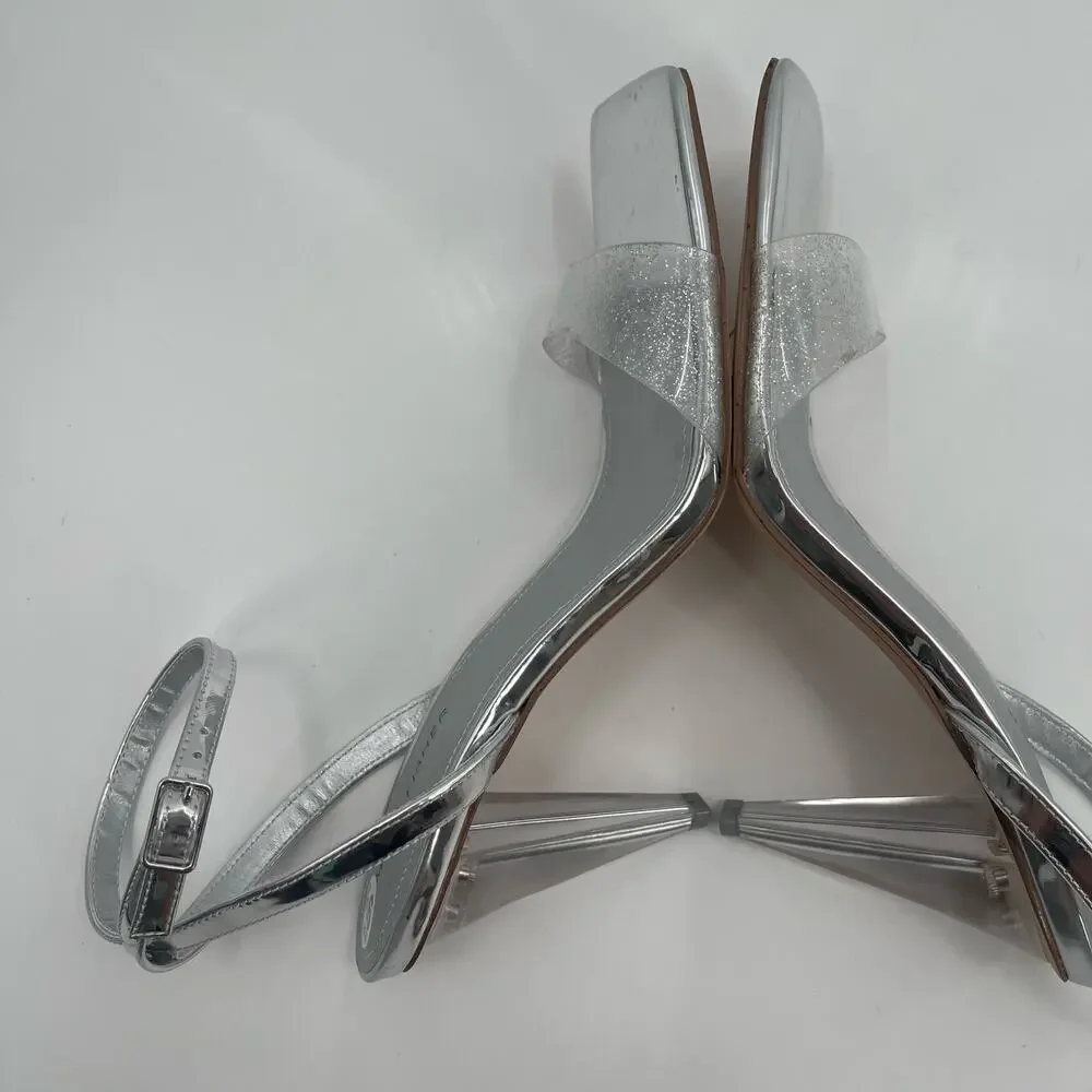 MARC FISHER Heels Breta Size 9.5 Chrome Silver Clear Sparkle Prom Homecoming